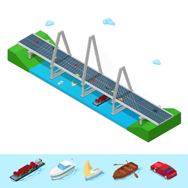 Изометрический речной мост с судовой автомагистралью и мостом. Плоская трёхмерная векторная иллюстрация — стоковый вектор