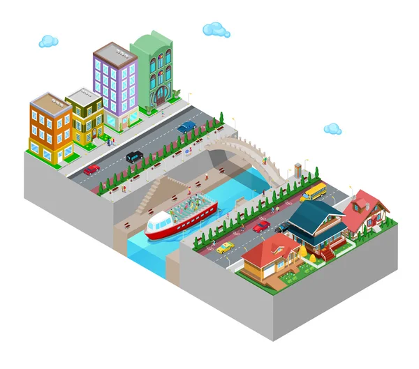 Isometrische Ansicht der Stadt mit Gebäuden Brücke Böschung und Fluss. flache 3D-Vektor-Illustration — Stockvektor