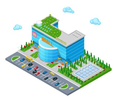 3d Imax Cinema Park ve Çeşme ile Isometric Alışveriş Merkezi Binası. Düz 3d Vektör illüstrasyon