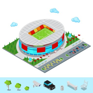 Arabalar için Park ve Park Alanı ile Izometrik Futbol Stadyumu Binası. Düz 3d Vektör illüstrasyon