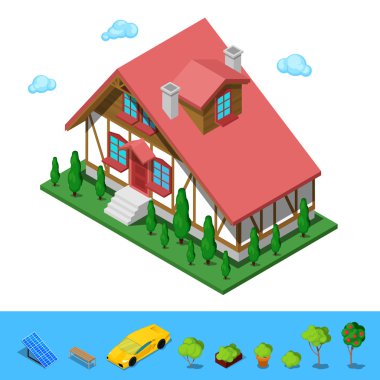 İzometrik Kırsal Cottege Yapı Evi. Düz 3d Özel Mimarlık. Vektör çizimi