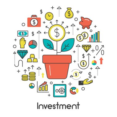 Yatırım Hattı Sanat İnce Vektör Simgeler Para Ağacı ve Finansal Unsurlar ile Set