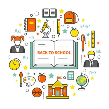 Geri Okul Hattı Sanat İnce Vektör Simgeler Seti. Kitap ve Okullu Eğitim Konsepti