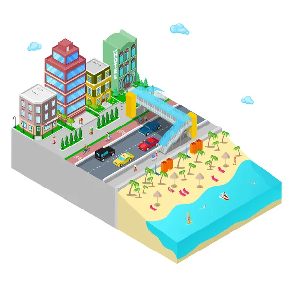 Isometrische strand hotel met Zeekust en actieve zwemmen mensen. Platte 3D vector illustratie — Stockvector