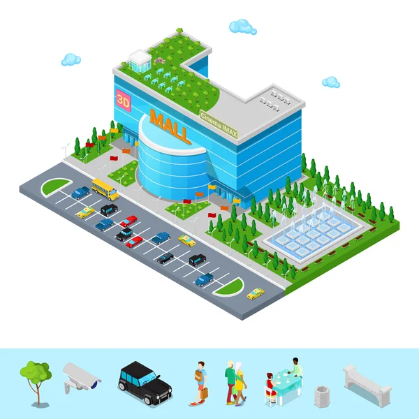 Isometric Shopping Mall Building avec 3D Imax Cinema Park et Fountain. Illustration vectorielle 3D plate — Image vectorielle