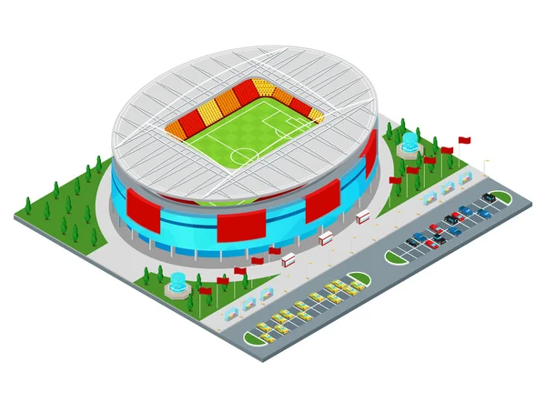 Isometrisches Fußballstadiongebäude mit Park und Parkplatz für Autos. flache 3D-Vektor-Illustration — Stockvektor