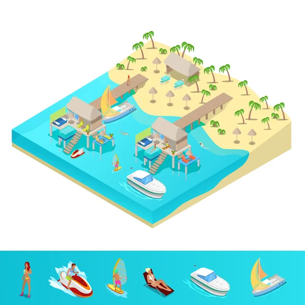 Izometrické prázdniny na tropické pláži. Letovisko s bungalovy palmami a čluny. Vektorový 3D plochý obrázek — Stockový vektor
