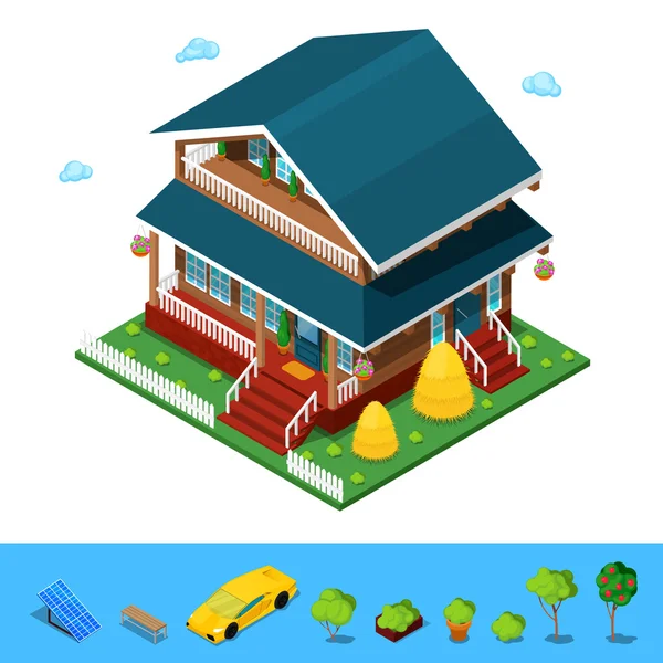 Isometric Rural Cottege Building House. Flat 3d Private Architecture. Vector illustration — Stock Vector