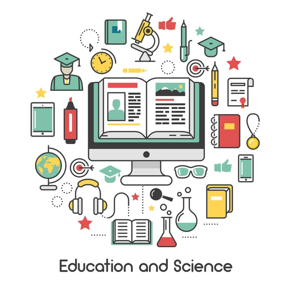 Iconos de vectores delgados de arte de línea de educación y ciencia con microscopio informático — Vector de stock