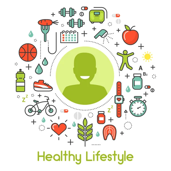 Healthy Lifestyle Line Art Thin Vector Icons Set with Sport Elements — Stock Vector