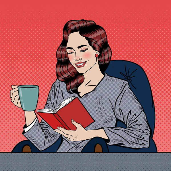 Pretty Young Pop Art Mujer leyendo libro y tomando café. Ilustración vectorial — Vector de stock