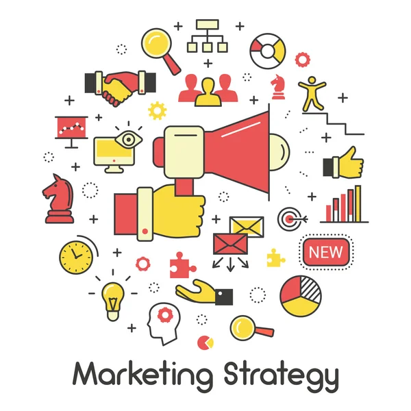 Linha de estratégia de marketing Ícones de vetores finos de arte com megafone e elementos de propaganda —  Vetores de Stock