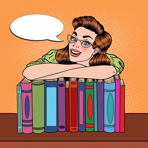 Szczęśliwy młody pop art Woman student z stos książek w bibliotece. Ilustracja wektorowa — Wektor stockowy