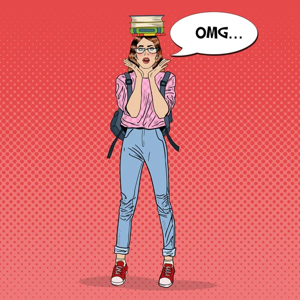 Pop Art Jovem Mulher Bonita Estudante com Livros na Cabeça. Ilustração vetorial —  Vetores de Stock