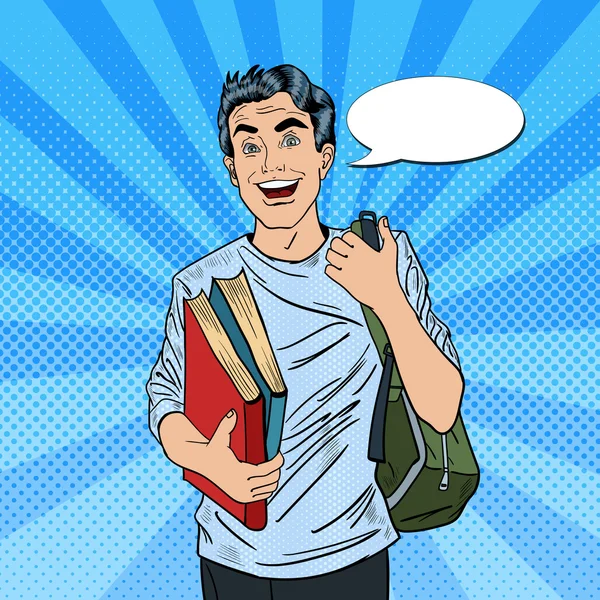 Sonriente estudiante de arte pop masculino positivo con mochila y libros. Ilustración vectorial — Archivo Imágenes Vectoriales