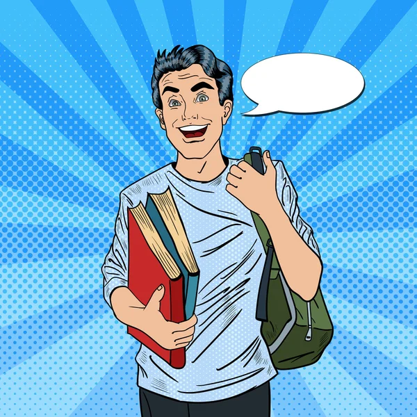 Sorrindo positivo Masculino Pop Art Estudante com Mochila e Livros. Ilustração vetorial — Vetor de Stock