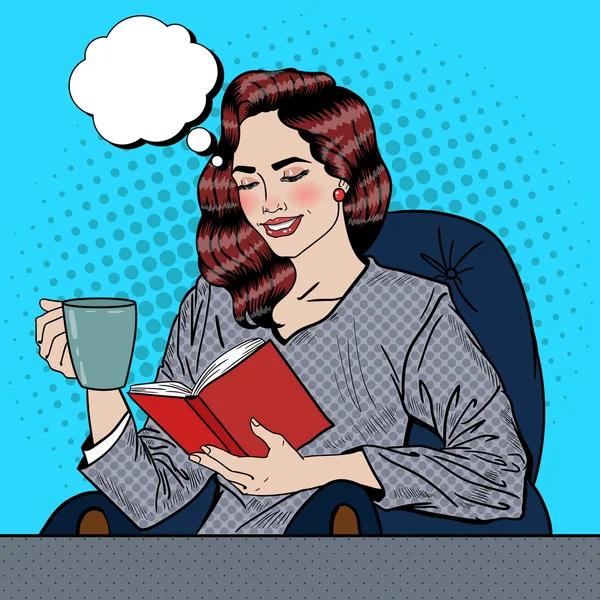 Pretty Young Pop Art Mujer leyendo libro y tomando café. Ilustración vectorial — Vector de stock