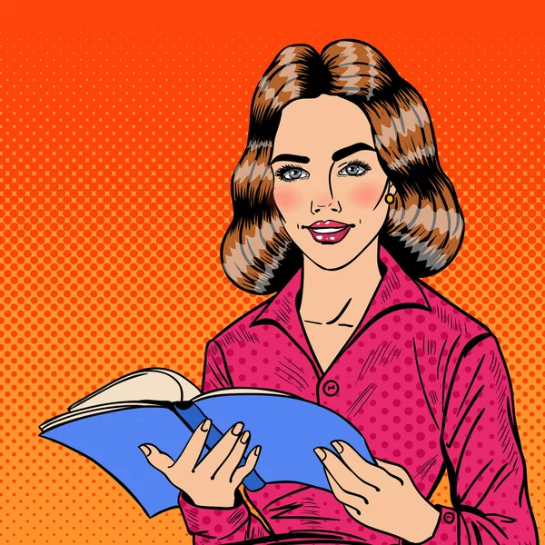 Pretty Smiling Pop Art Young Woman Reading Book. Vector illustration — Stock Vector