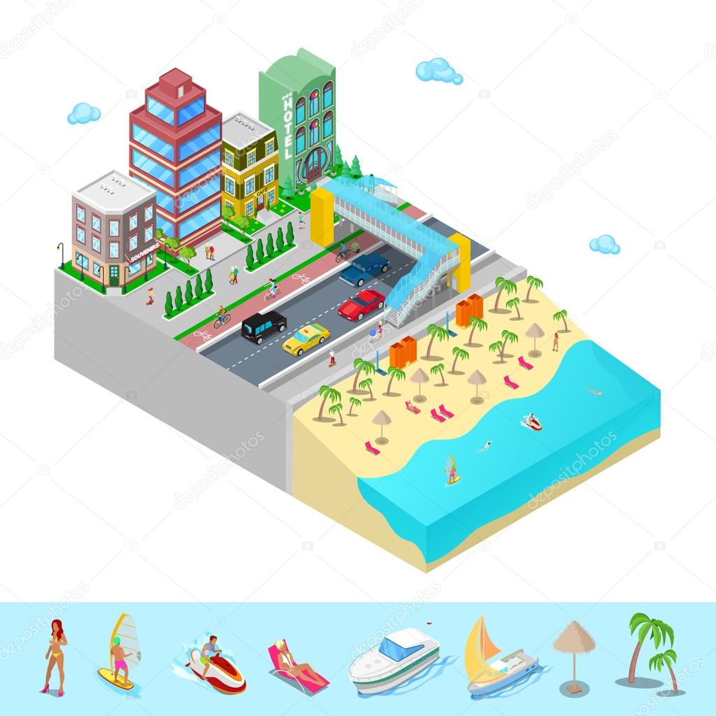 Isometric Beach Hotel with Sea Coast and Active Swimming People. Flat 3d Vector illustration