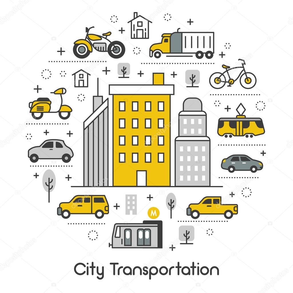 City Transportation Line Art Thin Vector Icons Set with Tram Bus and Taxi