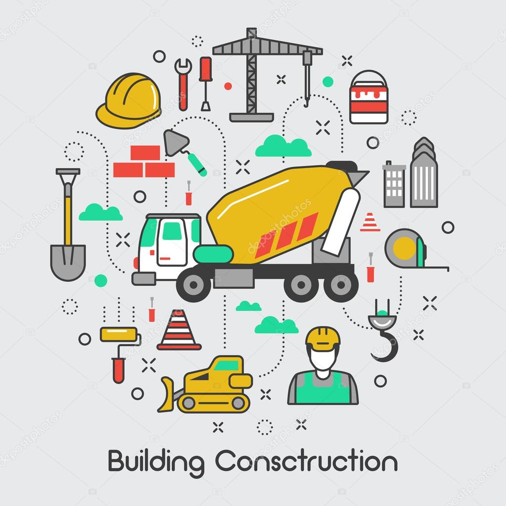 Building Construction Thin Line Art Vector Icons Set with Crane and Tools