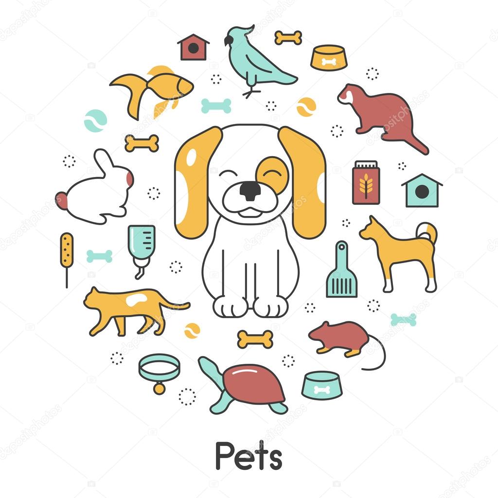 Pets Line Art Thin Vector Icons Set with Dog Cat Bird and Fish