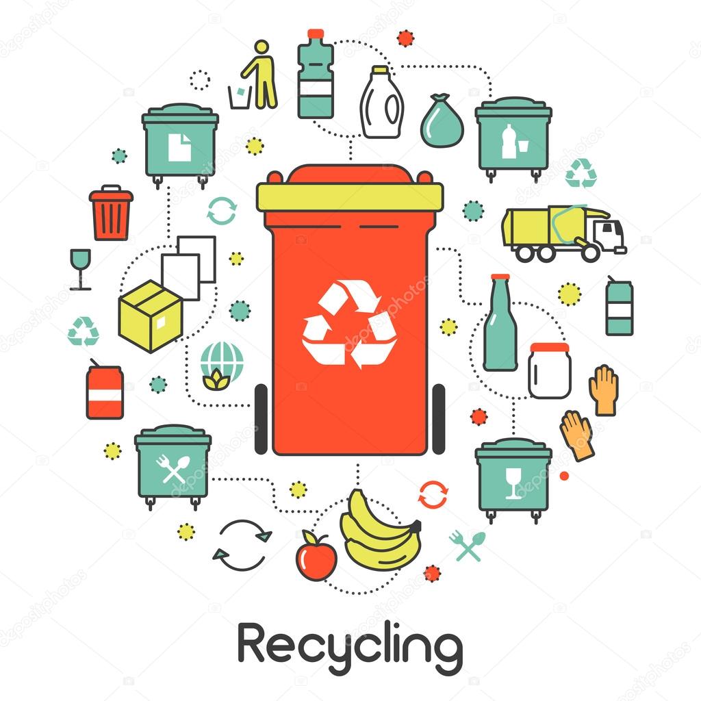 Garbage Waste Recycling Line Art Thin Vector Icons Set with Trashcans