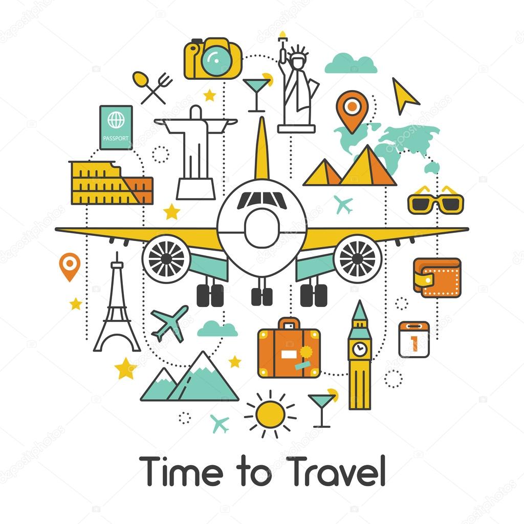 Time to Travel by Plane Line Art Thin Vector Icons Set with Airplane ...