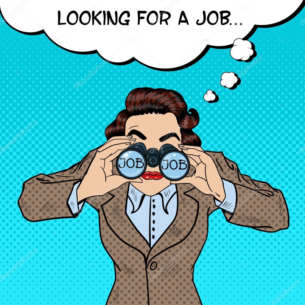 Giovane Pop Art donna alla ricerca di un lavoro e cercando in binocolo Illustrazione di