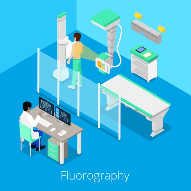 Tıbbi malzeme ve hasta ile izometrik Radyoloji Fluorography yordam. Vektör çizim