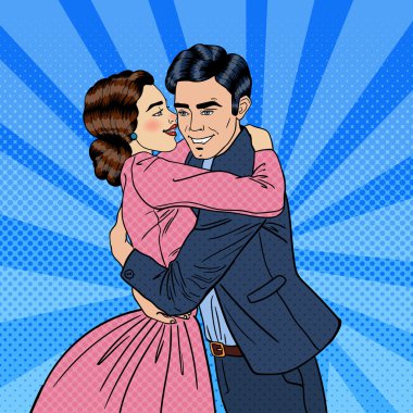 Aşık genç çift kucaklayan. Pop Art vektör çizim