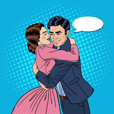 Aşık genç çift kucaklayan. Pop Art vektör çizim