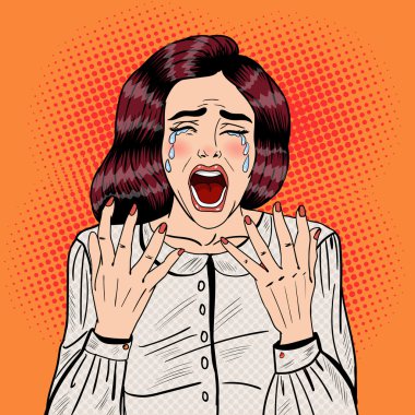 Pop Art ağlayan kadın çığlığı depresif. Vektör çizim