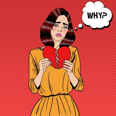 Kağıt yırtılma mutsuz mutsuz Pop Art kadın kırmızı kalp. Vektör çizim