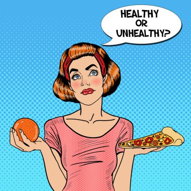 Genç Pop Art kadın sağlıklı ve sağlıksız gıda - portakal ve Pizza arasında seçimi yerleştirmek. Vektör çizim