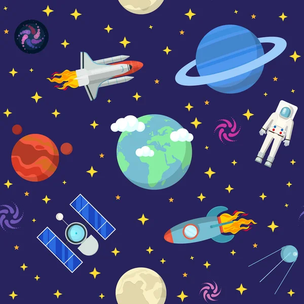Uzay araştırma servisi ve gezegenler ile vektör Dikişsiz desen arka plan — Stok Vektör