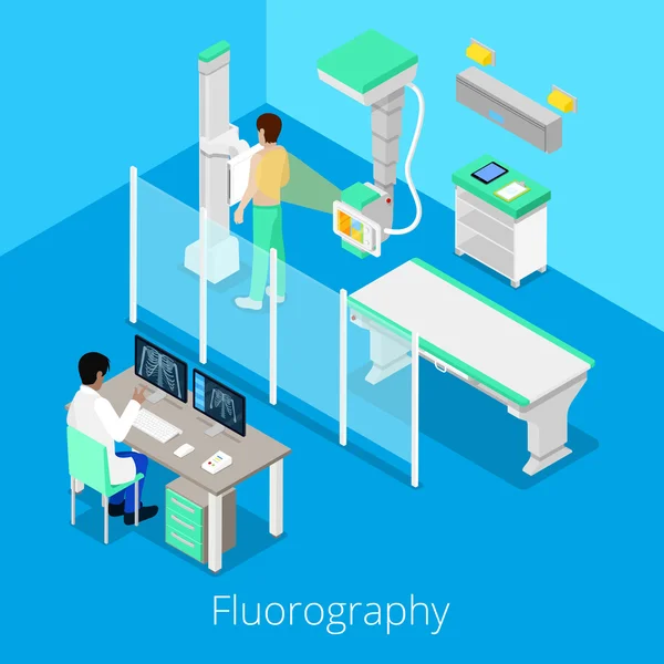 Tıbbi malzeme ve hasta ile izometrik Radyoloji Fluorography yordam. Vektör çizim — Stok Vektör