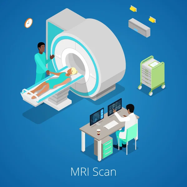 Isometric Medical MRI Scanner Imaging Process with Doctor and Patient (dalam bahasa Inggris). Ilustrasi vektor - Stok Vektor