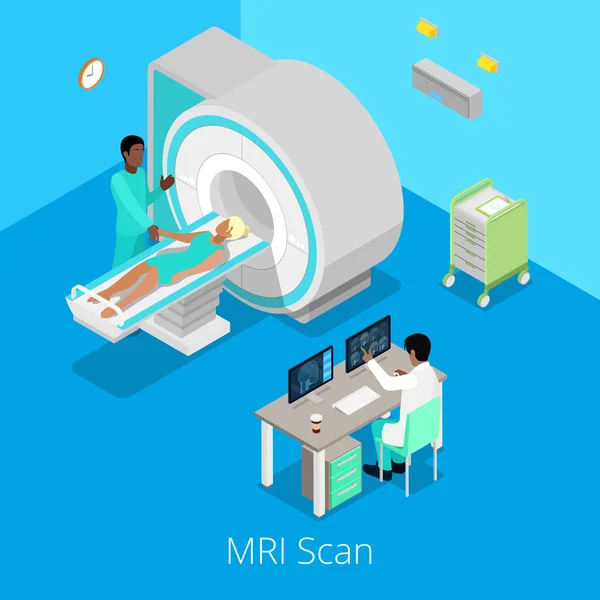 Proceso de imagen de escáner de resonancia magnética médica isométrica con médico y paciente. Ilustración vectorial — Vector de stock
