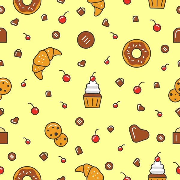 Bäckerei und Desserts Linie Kunst dünnen Vektor nahtlose Muster Hintergrund mit Croissant und Plätzchen — Stockvektor