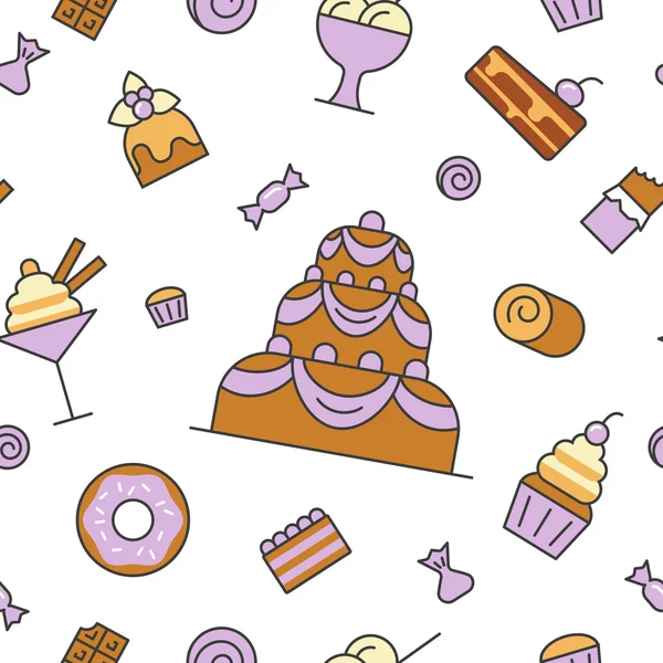 Desserts und Süßigkeiten Lebensmittel Linie Kunst dünnen Vektor nahtlose Muster Hintergrund mit Kuchen und Cupcake — Stockvektor