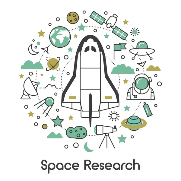 Linha de Pesquisa Espacial Ícones de Vetor Fino Art Set com Astronauta e Planetas Shuttle —  Vetores de Stock