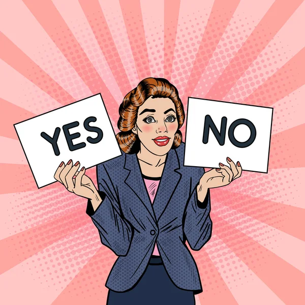 Pop Art Business Woman Trying to make Decision Between Yes or No. Vector illustration — Stock Vector