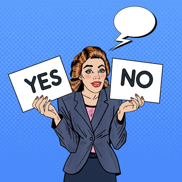 Pop Art Business Woman Trying to make Decision Between Yes or No. Vector illustration — Stock Vector