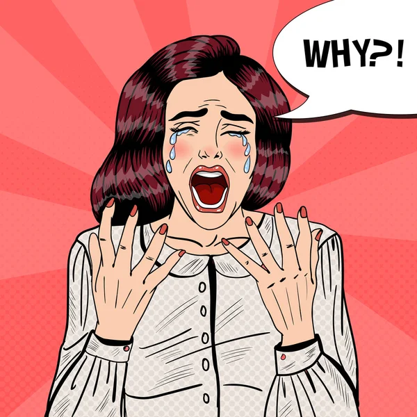 Pop Art Depressed Crying Woman Screaming Why. Ilustración vectorial — Vector de stock