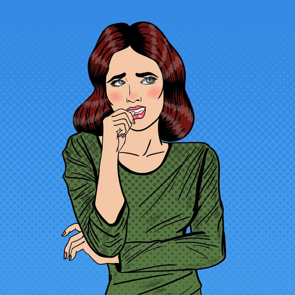 Nervous Pop Art Young Woman Biting her Nails. Vector illustration — Stock Vector