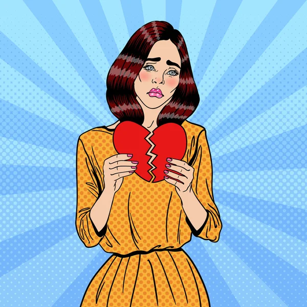 Triste infeliz Pop Art Woman Tearing Paper Red Heart. Ilustração vetorial — Vetor de Stock