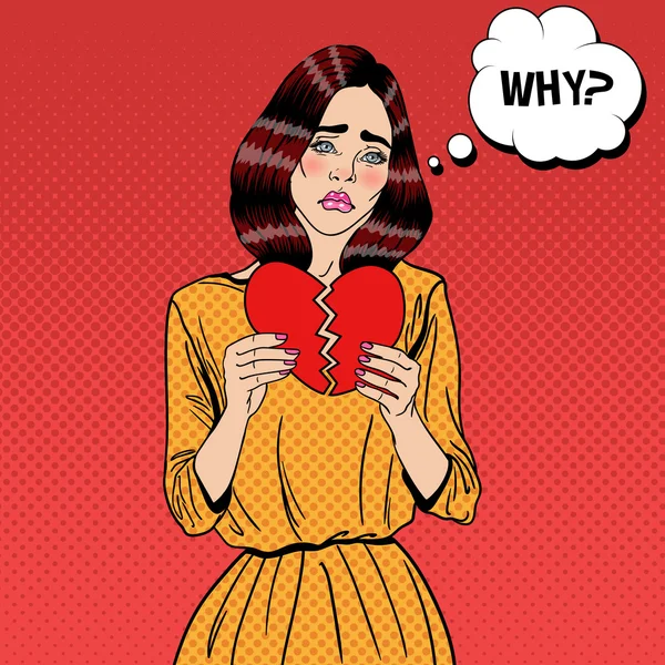 Triste malheureux pop art femme déchirure papier coeur rouge. Illustration vectorielle — Image vectorielle