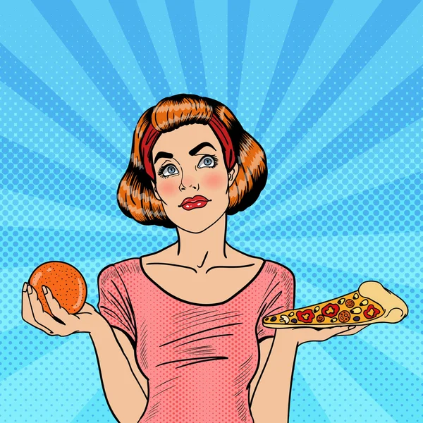 Jovem Fit Pop Art Mulher Escolhendo Entre Alimentos Saudáveis e Insalubres - Laranja e Pizza. Ilustração vetorial — Vetor de Stock