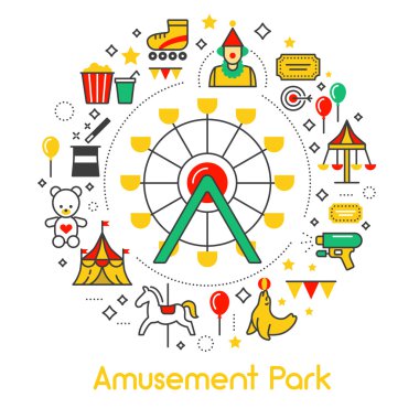 Lunapark Hattı Sanat İnce Vektör Simgeler Dönme Dolap lı Set